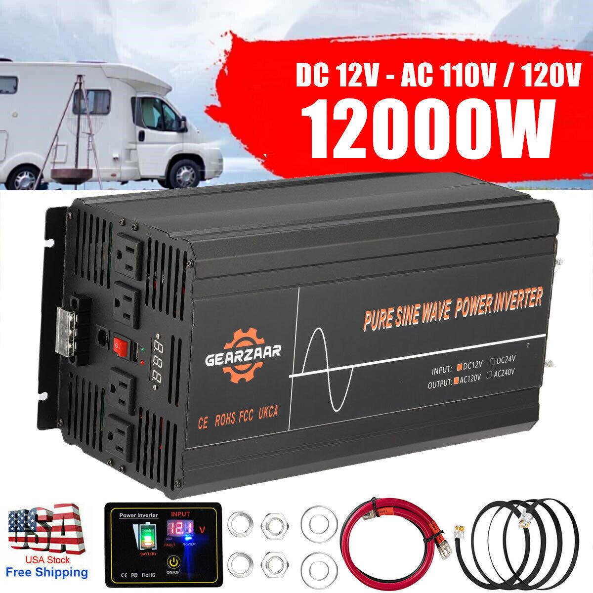 12000W Car Power Inverter DC 12V To AC 110V Sine Wave RV Boat Converter LCD-