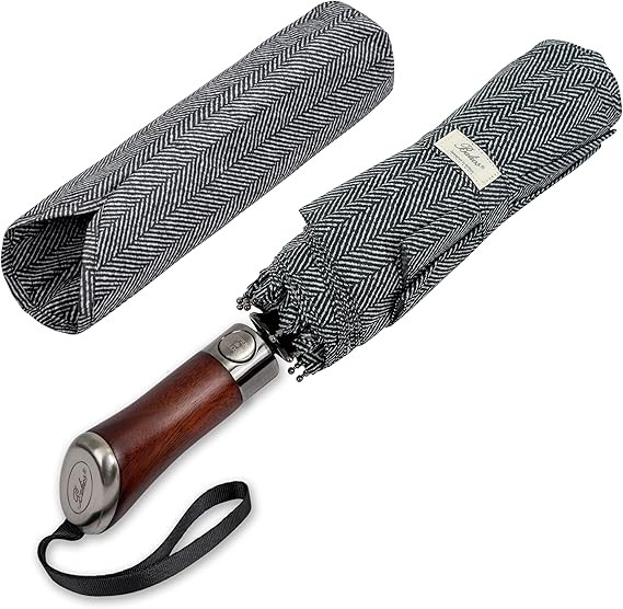 (Designed in UK) Travel Umbrella Luxurious Golden Hardwood Handle Auto Open &...