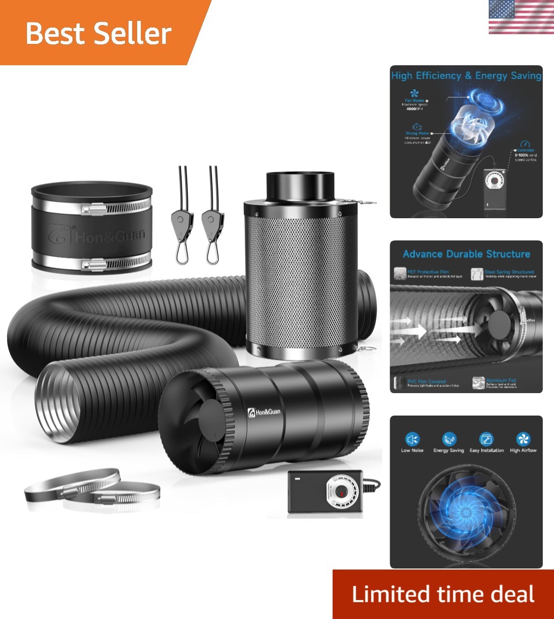 4" Air Filtration Kit: 4 Inch Inline Duct Fan with Speed Controller, 10" High...