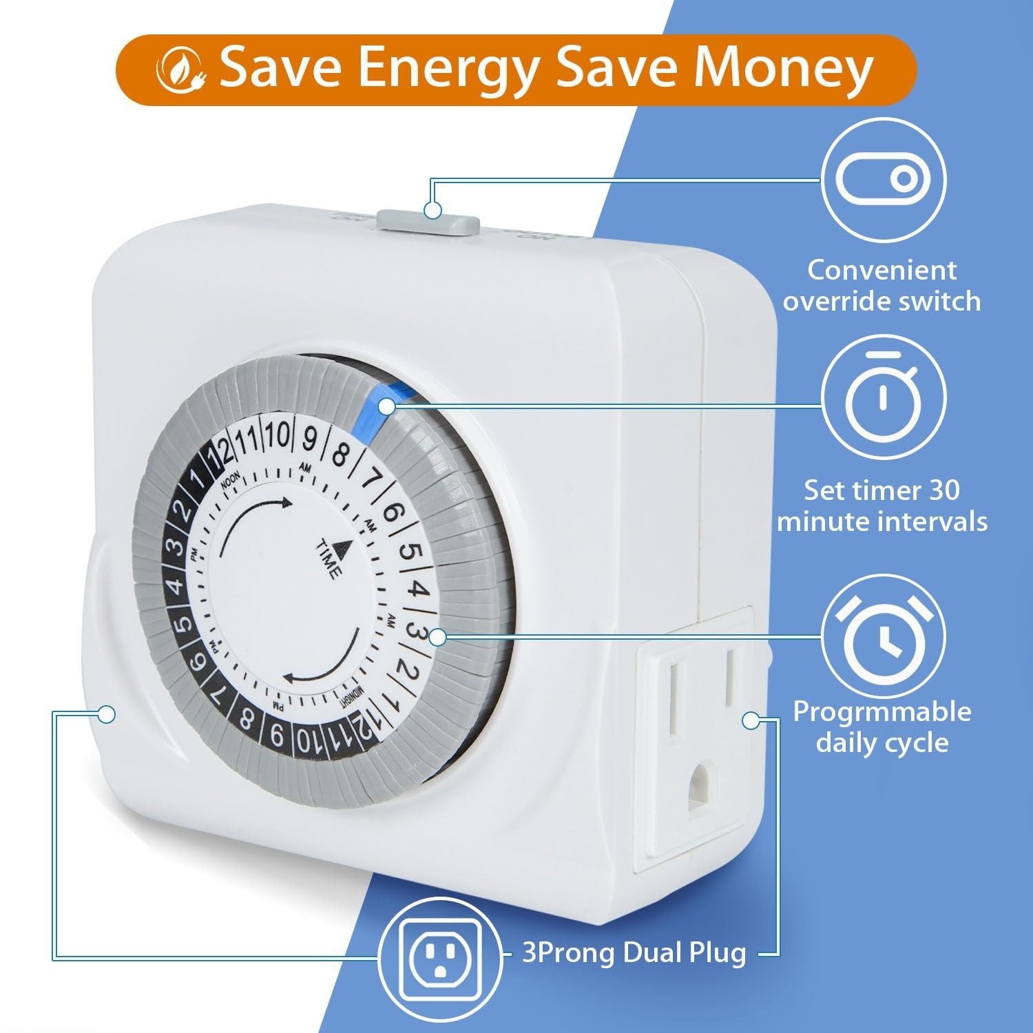 24-Hour Mechanical Timer for Electrical Outlets, Dual 3-Prong Outlets, 30-Min...