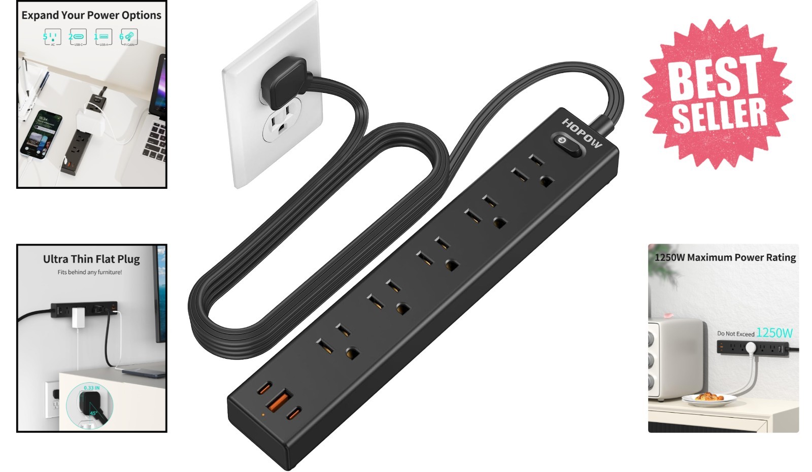 6FT Mountable Power Strip with 5 Outlets + USB Slots: Safe & Stylish Solution
