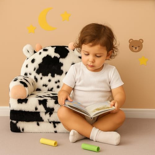 Toddler Chair with Faux Rabbit Fur – 2-in-1 Foldable Kids Couch, Soft Sofa cow
