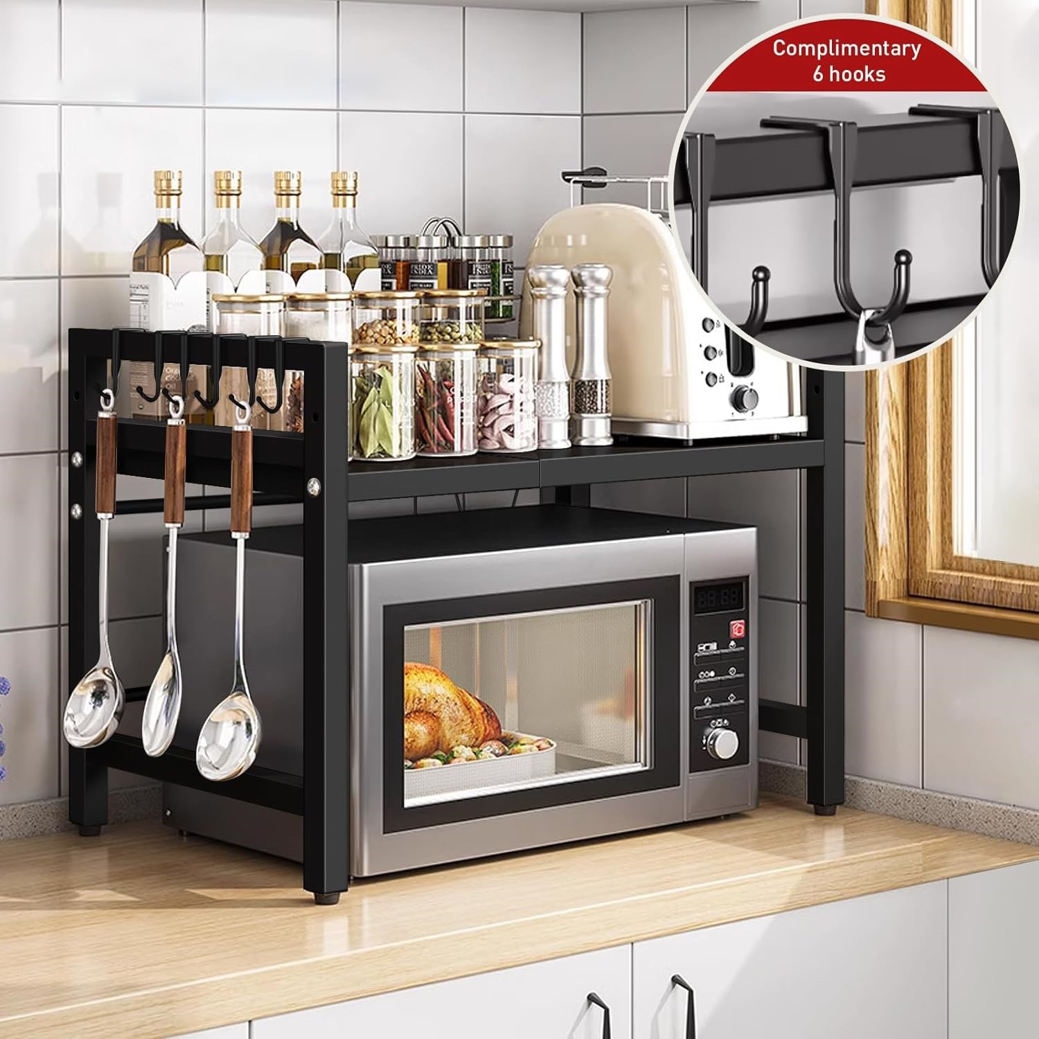 Expandable Metal Microwave Oven Rack with Hooks, Kitchen Counter Shelf Organizer