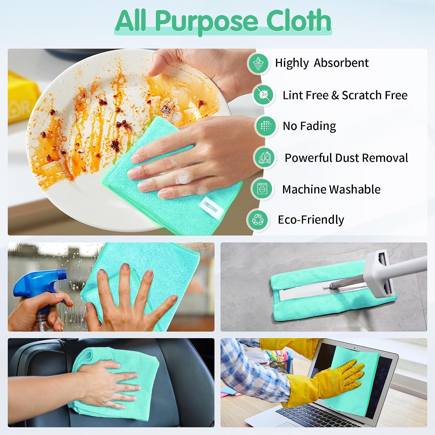 Turquoise Microfiber Cleaning Cloth -Pack of 8, Highly Absorbent Cleaning Rag...