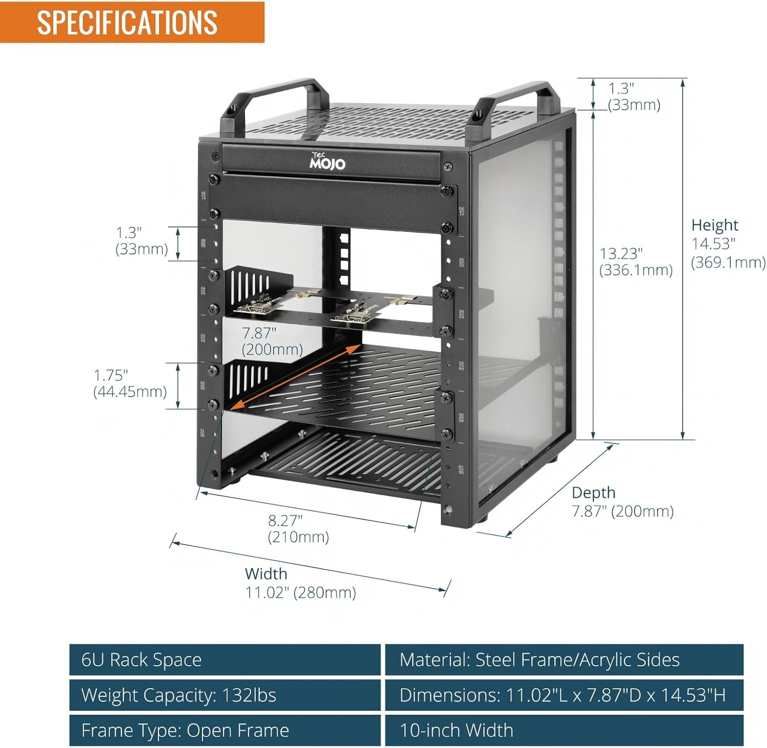 Compact 6U Mini Network Rack with Translucent Panels & Handles, Black