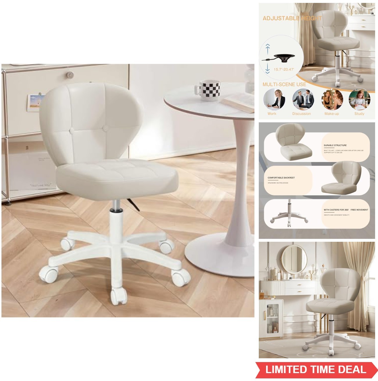 Small Office Chair Lumbar Support PU Leather Armless Swivel Adjustable Height