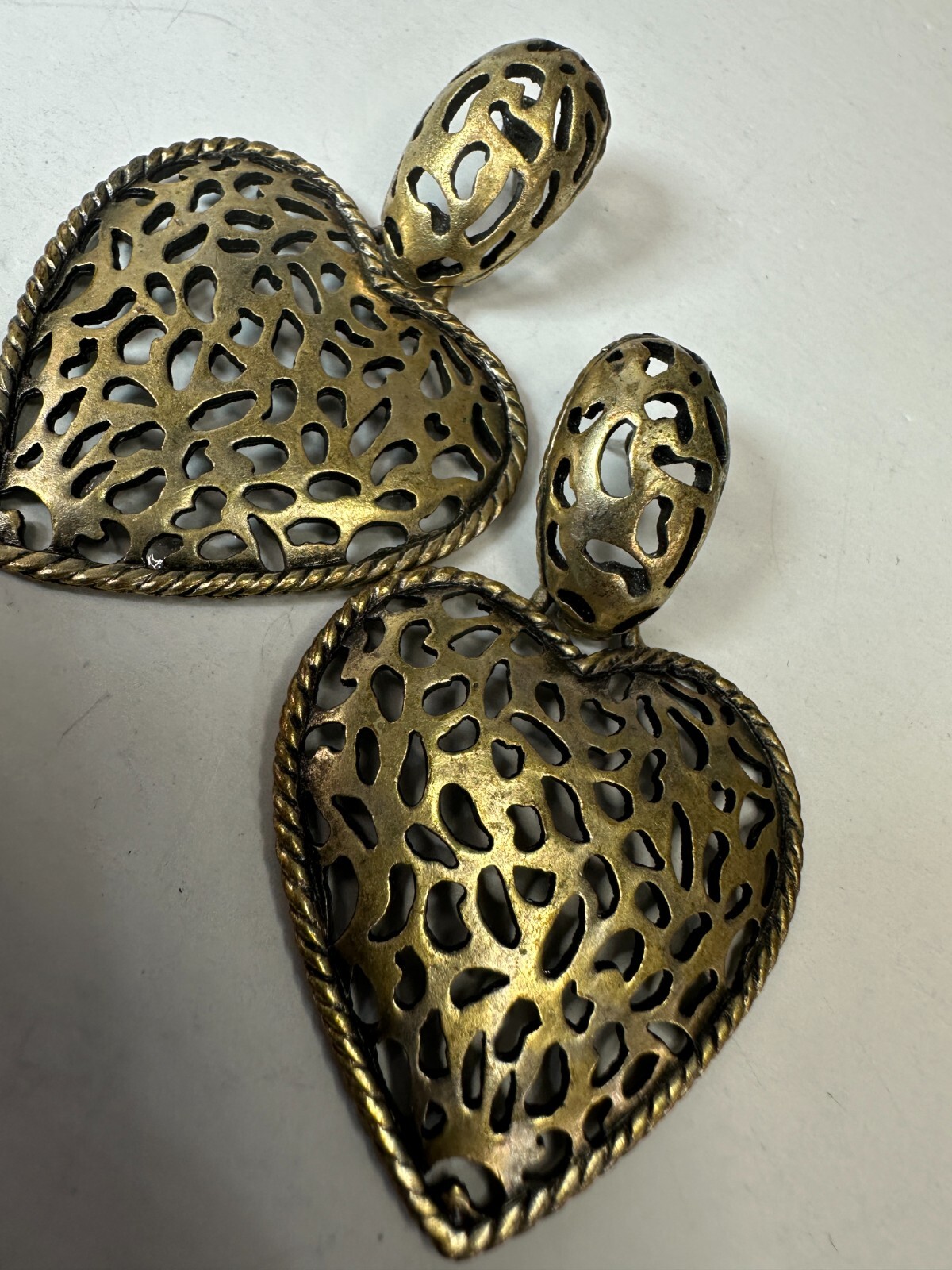 Vintage Earrings Pierced Heart Dangle Openwork Large Statement Metal
