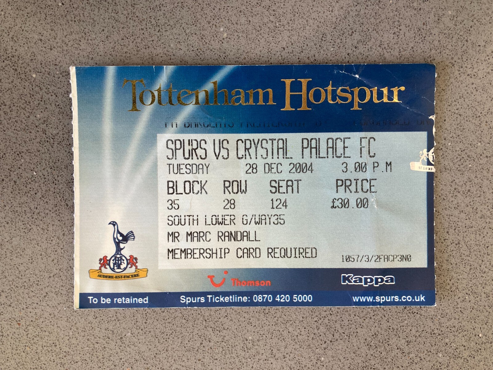 Tottenham Hotspur v Charlton Athletic 2004-05 Match Ticket