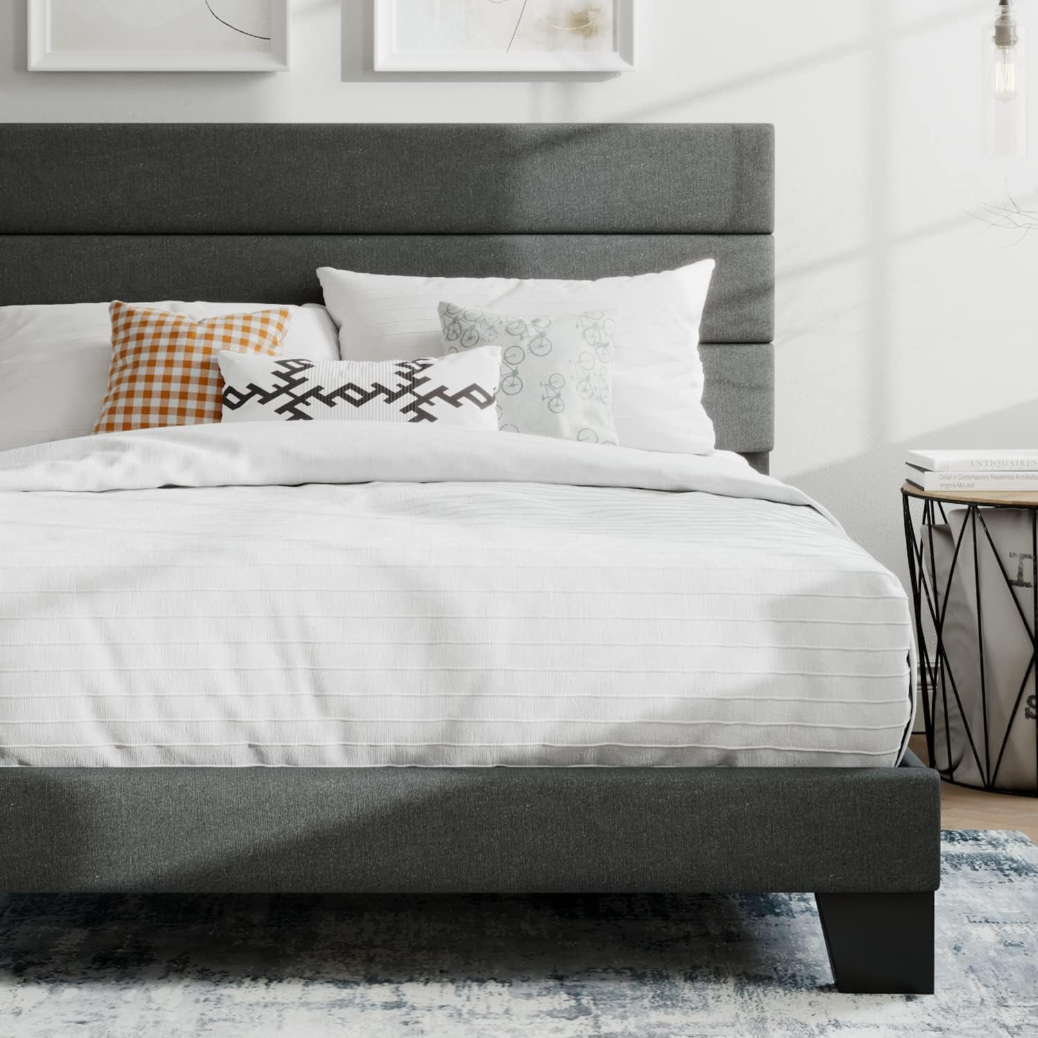 Elegant Grey Queen Platform Bed Frame with Upholstered Headboard & Slats