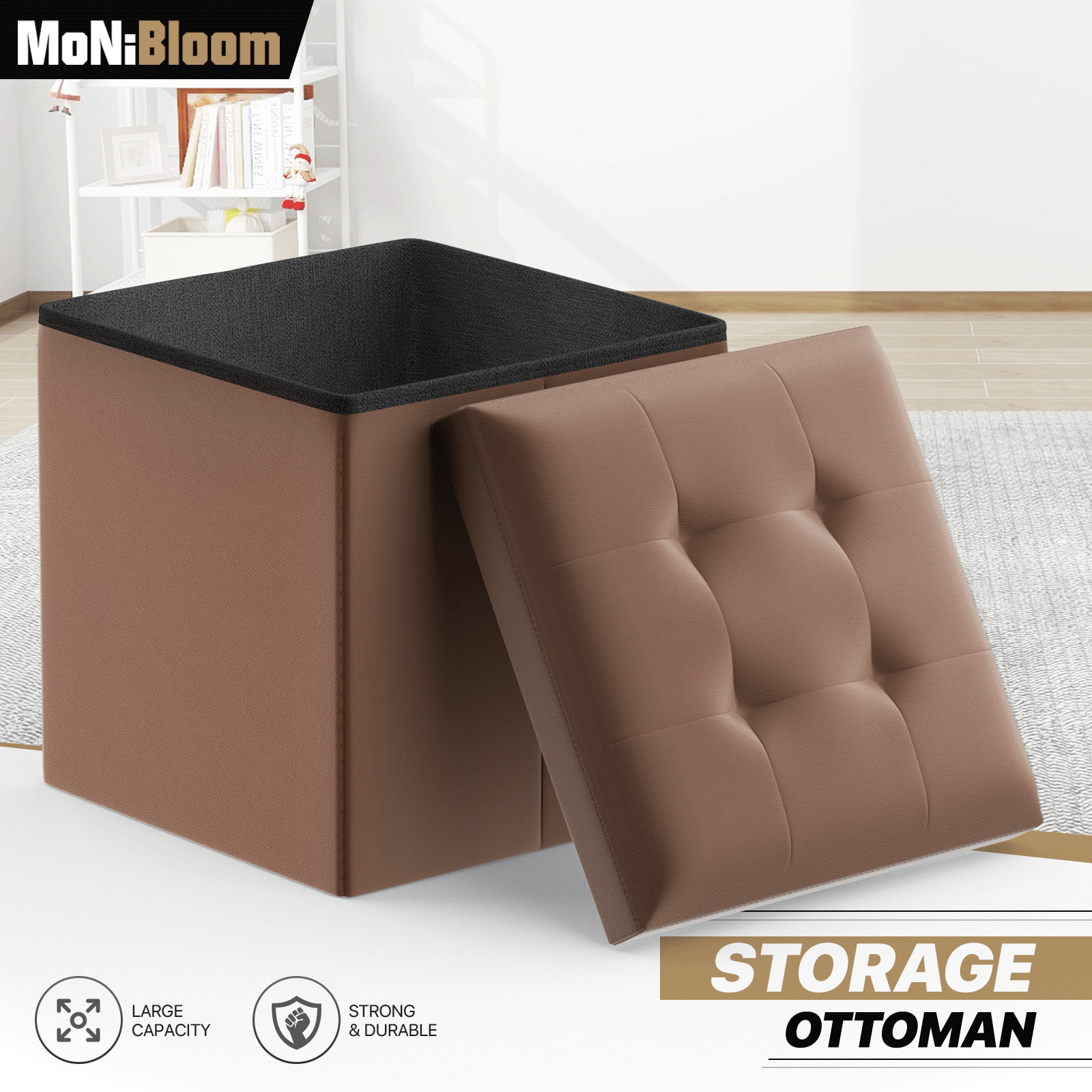 15" Brown Folding Storage Ottoman Foot Rest Stool Bench Chest w/Flipping Lid