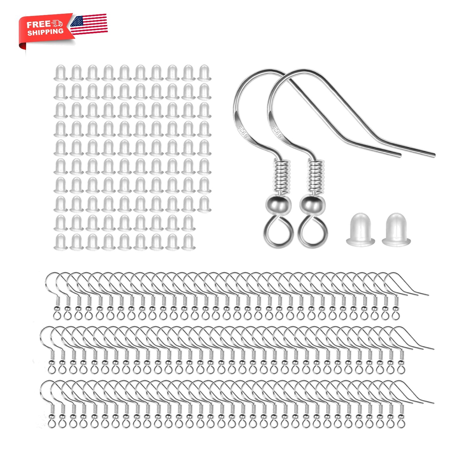 Elegant 100 PCS 925 Silver Earring Hooks with 100 Clear Safety Backs for DIY