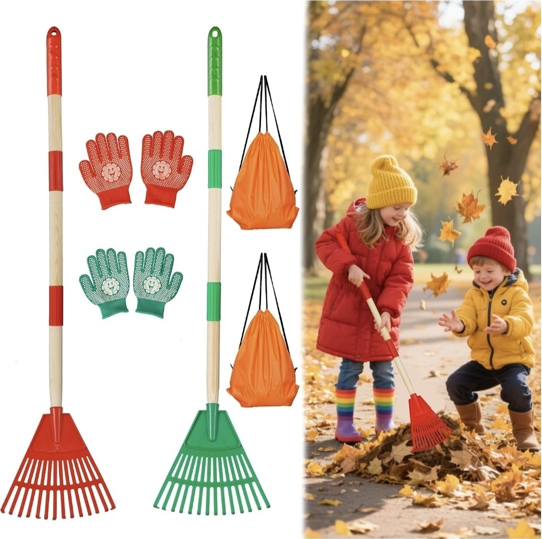 2pc Adjustable Kids Rakes Wooden Handle  Gloves Storage Bags Garden Tools NIB