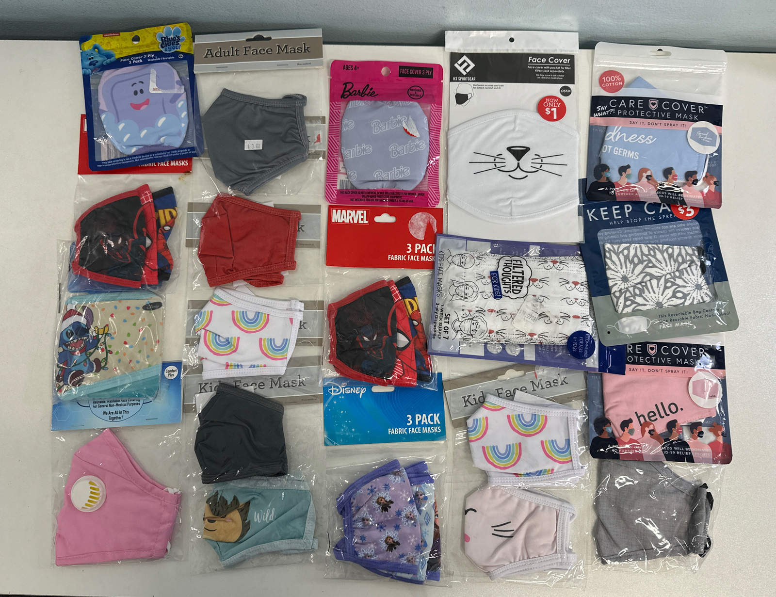 20 Packages Of Adult & Kids Face masks NEW Mix variety See pics Packaging Vary