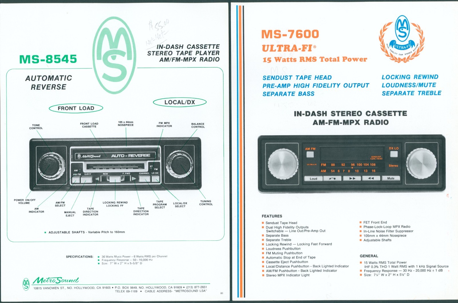 1980 MetroSound MS-8545 MS-7260 MS-7600 HiFi Car Stereo Dealer Brochure Pair