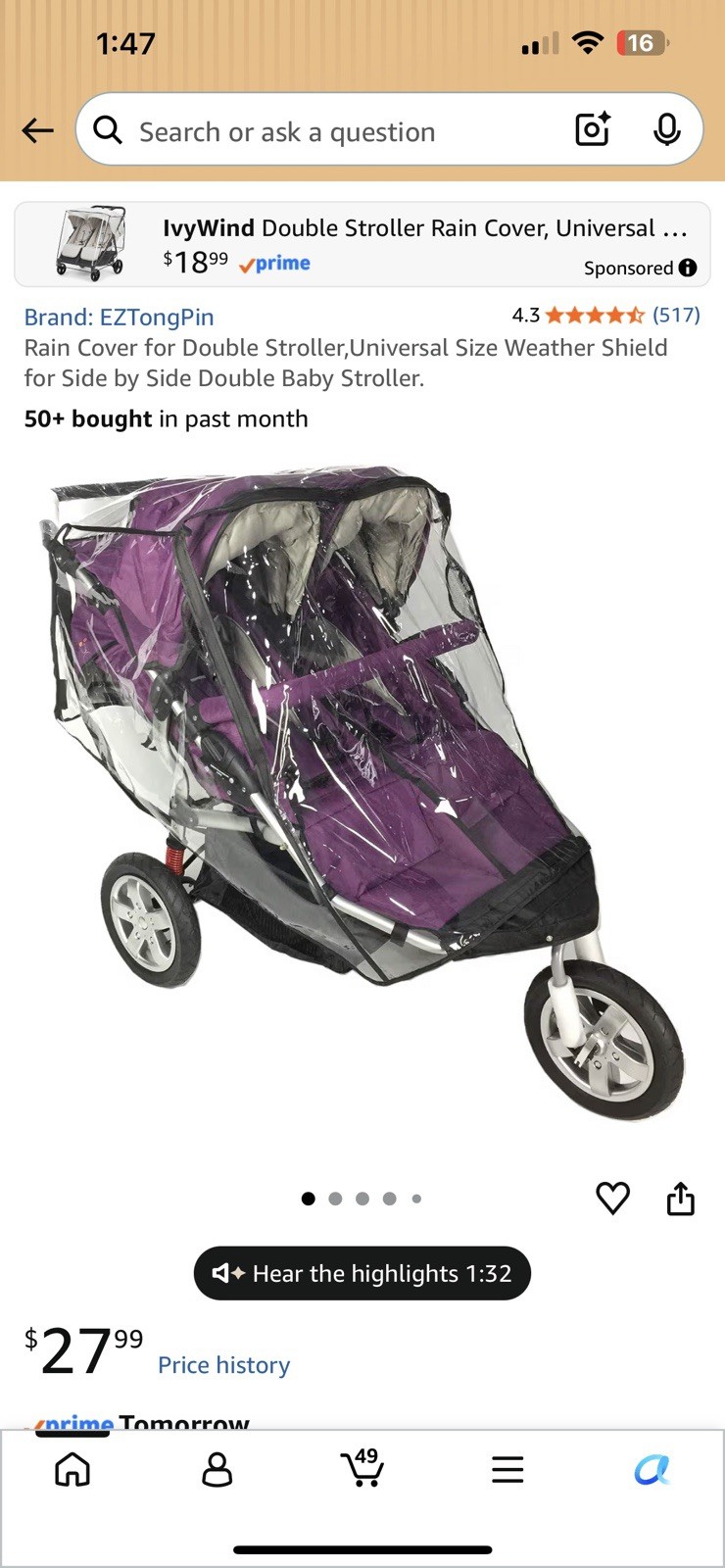 Rain Cover for Double Stroller