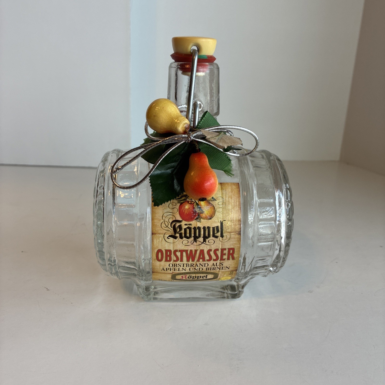 Koppel Whiskey Barrel Shaped Clear Glass Liquor Bottle Porcelain & Wire Stopper