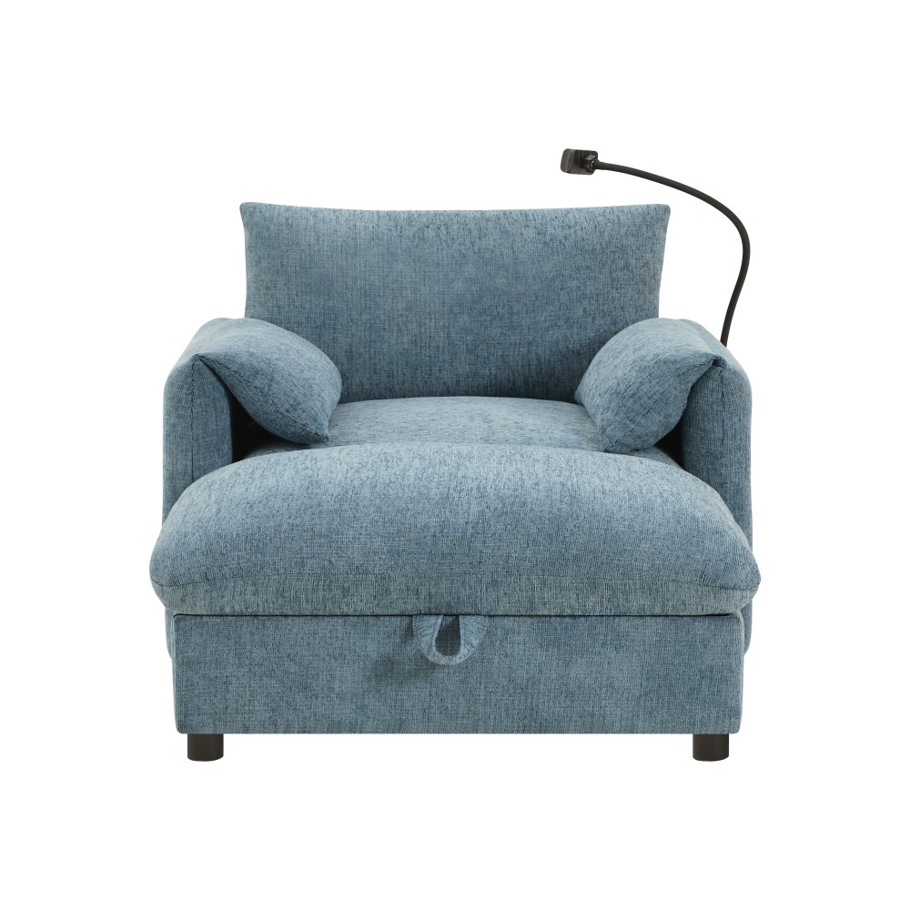 37" Cloud Chaise Sofa w/ Storage Ottoman, Charger & Phone Holder, Blue