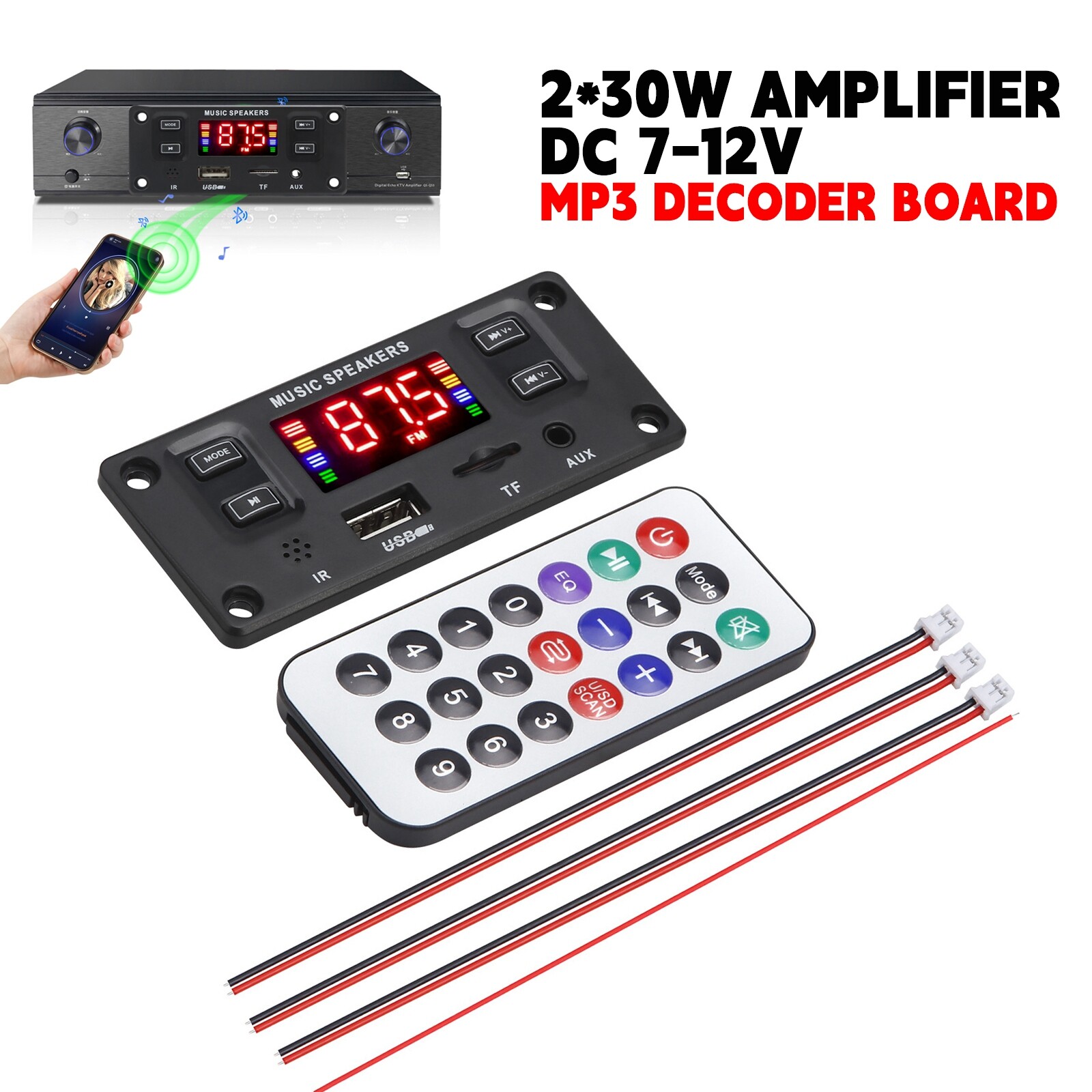 60W 2*30W Amplifier DC 12V MP3 Decoder Board Module Kit Bluetooth MP3 USB AUX FM