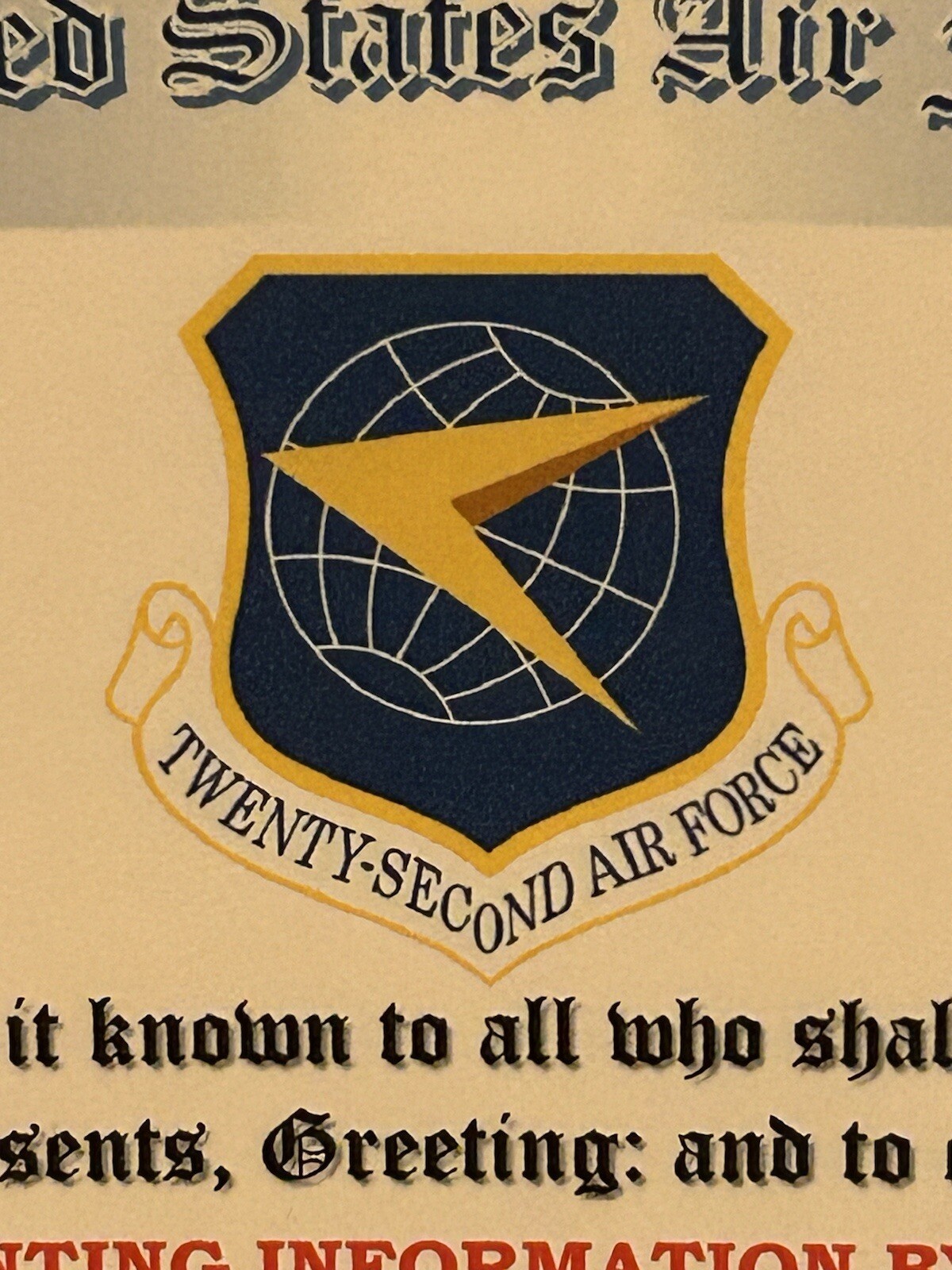 U.S. AIR FORCE / TWENTY-SECOND AIR FORCE - OUTSTANDING UNIT AWARD CERTIFICATE