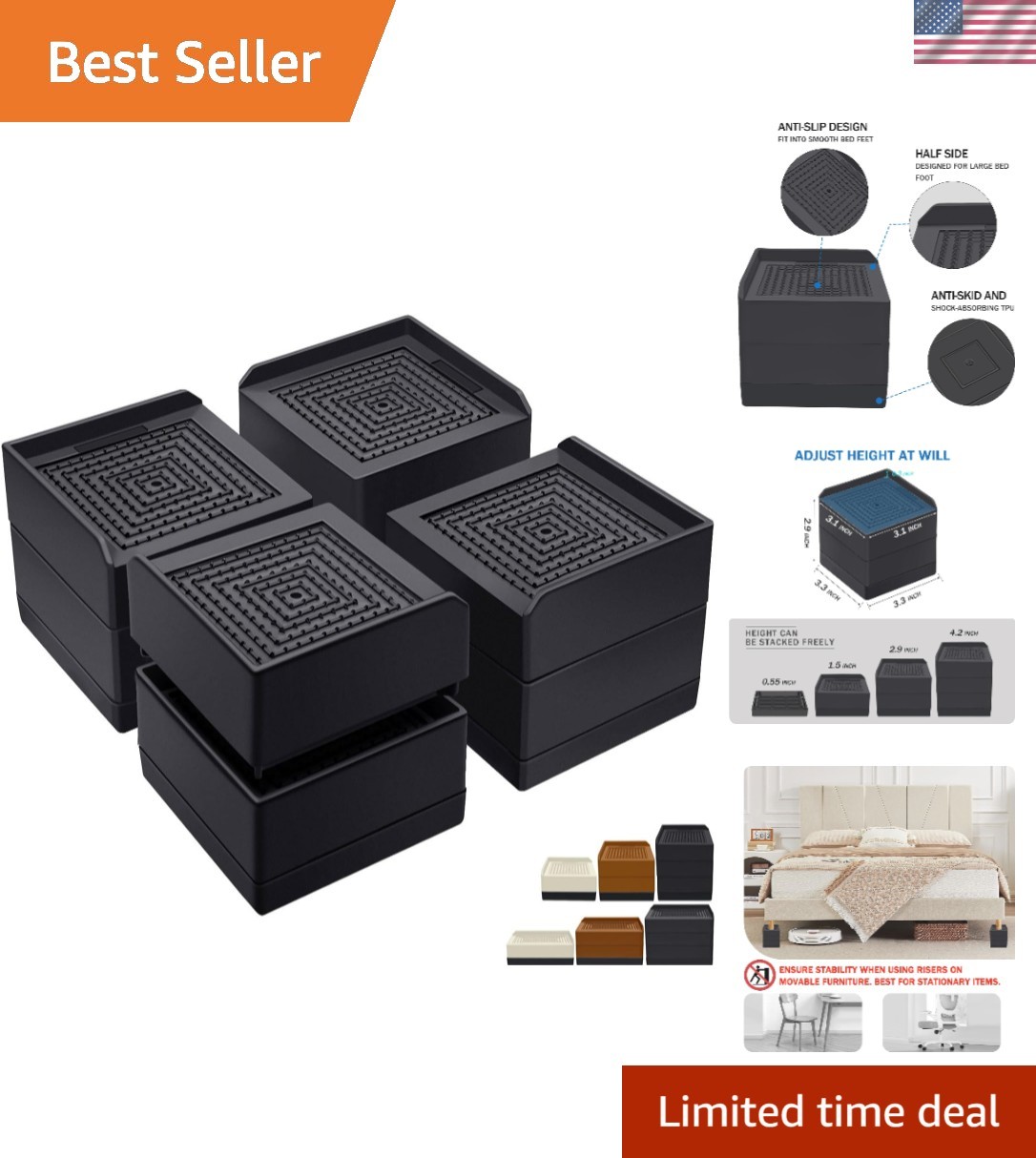 Stackable Bed Risers for Enhanced Storage - 1300 lb Capacity, 3 Inch Elevation