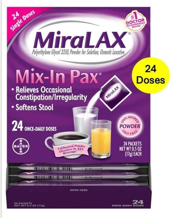 Miralax Single Mix-In Pax Laxative Dose Packets 24 Doses Exp 11/2026