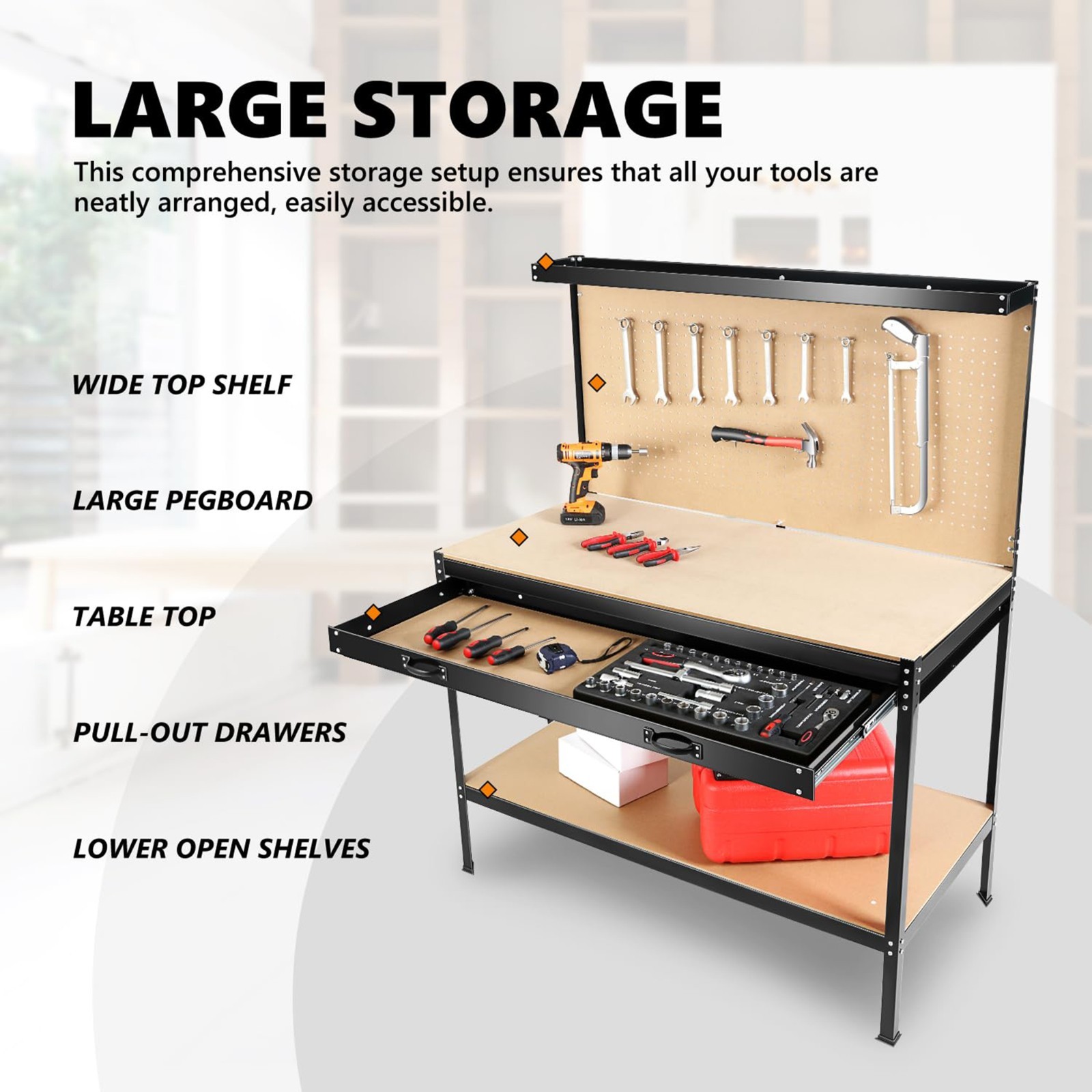 63" Tools Cabinet Working Tables Workbench with Drawers and Pegboard