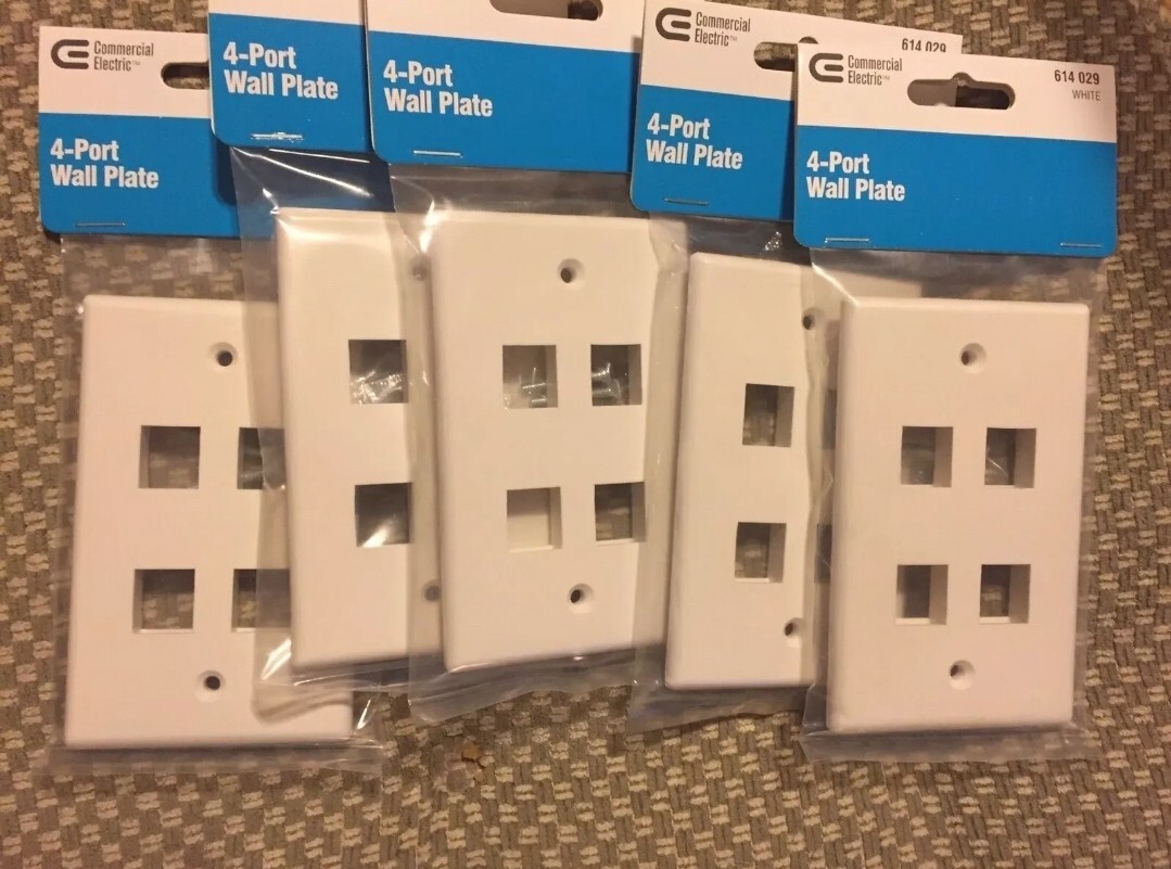 2 Boxes Of 5 Commercial Electric 4-Port Wall Plate White Plastic 614-029