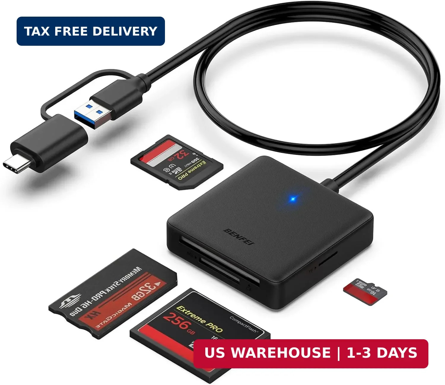 Memory Card Reader, BENFEI 4in1 USB 3.0 and USB-C to SD Micro SD MS CF Card Read