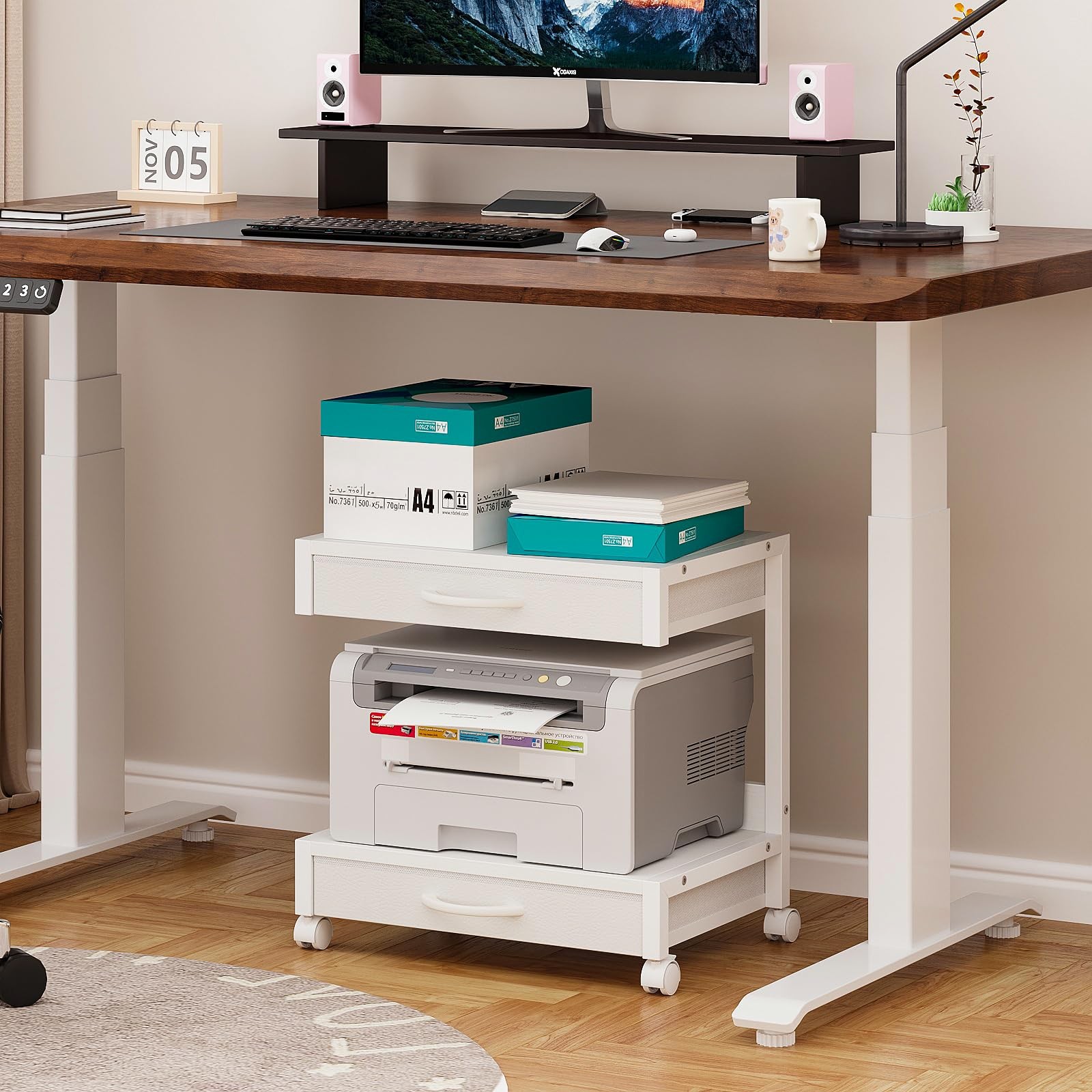 2-Tier Desktop Printer Stand with 2 Fabric Drawers, Prtiner Table with Storag...