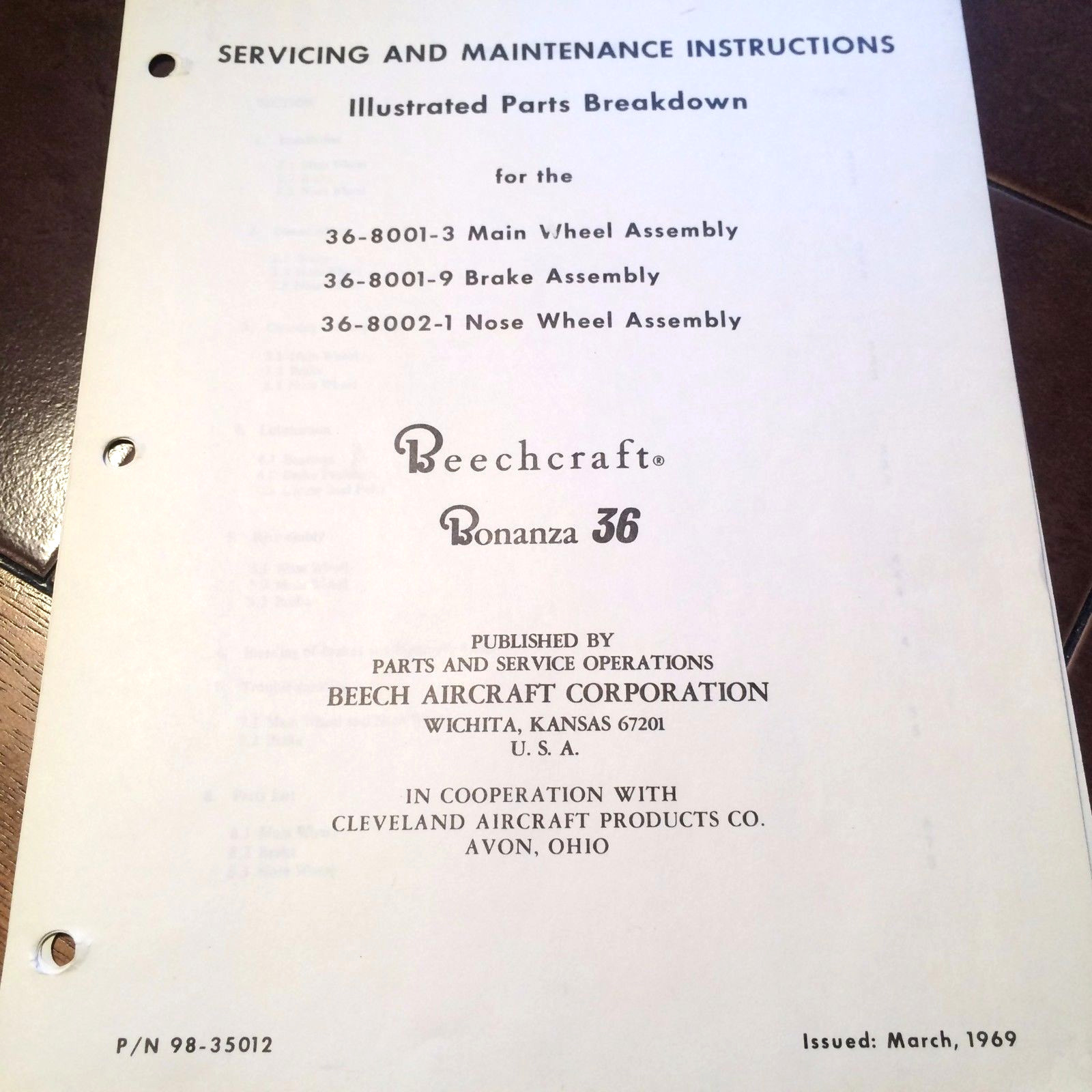 Beechcraft Bonanza 36 Main Wheel, Nose Wheel & Brake Service & Parts Manual