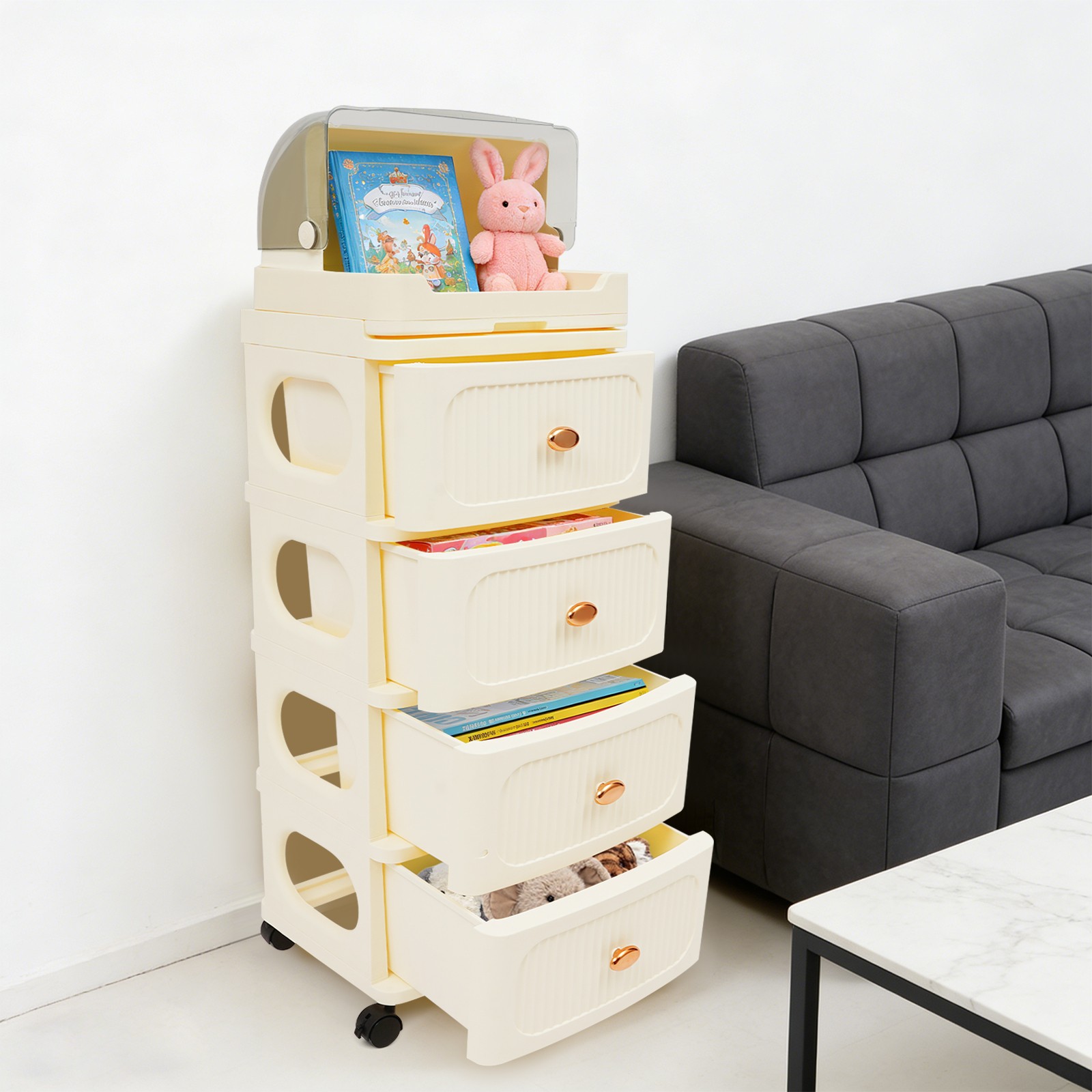 4-Tier Storage Rack Rolling Storage Cabinet w/4 Drawers Mobile Storage Organizer