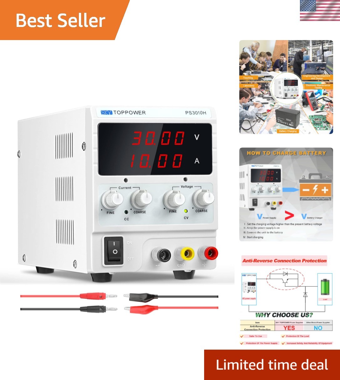DC Power Supply Variable,0-30V 0-10A Adjustable Regulated Bench Lab Power wit...