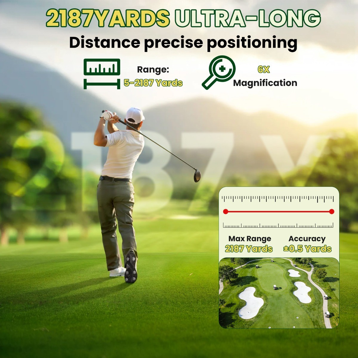 2187 Yard Golf Rangefinder, 6x Magnification, High-Precision Slope Mode Scanning