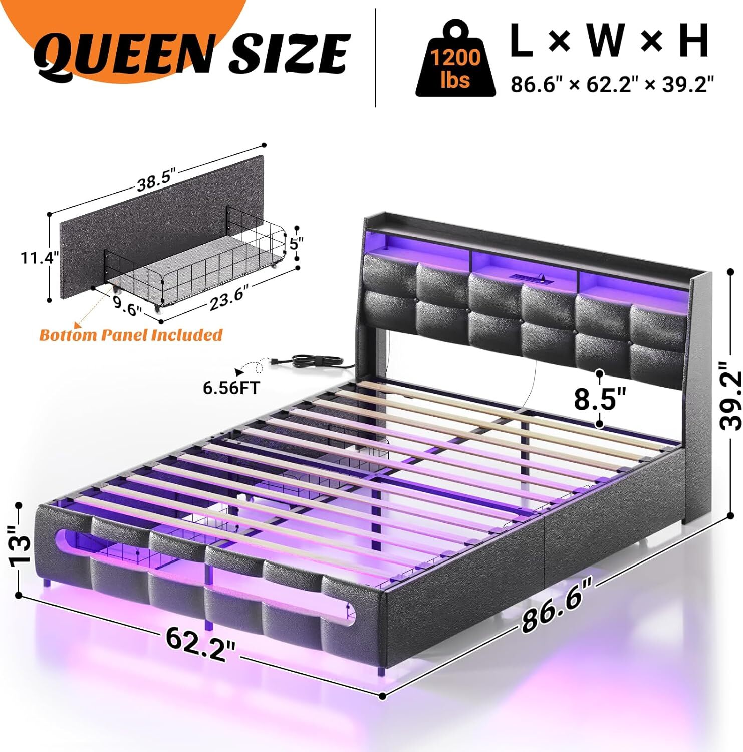 Homieasy Bed Frame with 4 Drawers ＆ Upholstered Headboard ＆ LED Lights ＆ Outlets