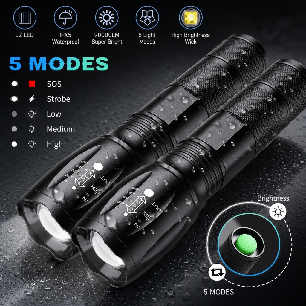 2Pack LED Zoom Pocket Flashlight Camping Lamp Super Bright Police Tactical Torch