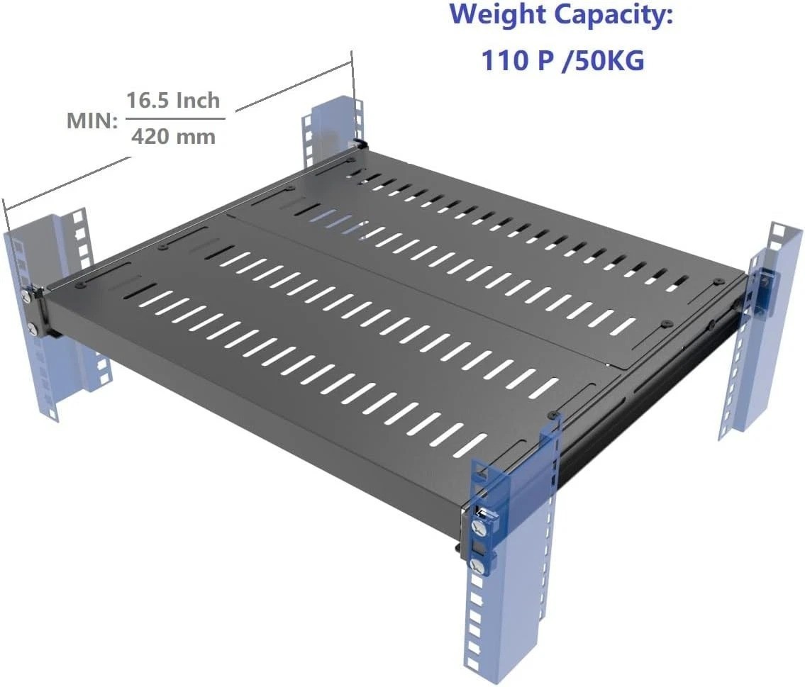 1U Vented 4-Post Adjustable Server Shelf- Universal Tray 16.5-29" Adjustable ...