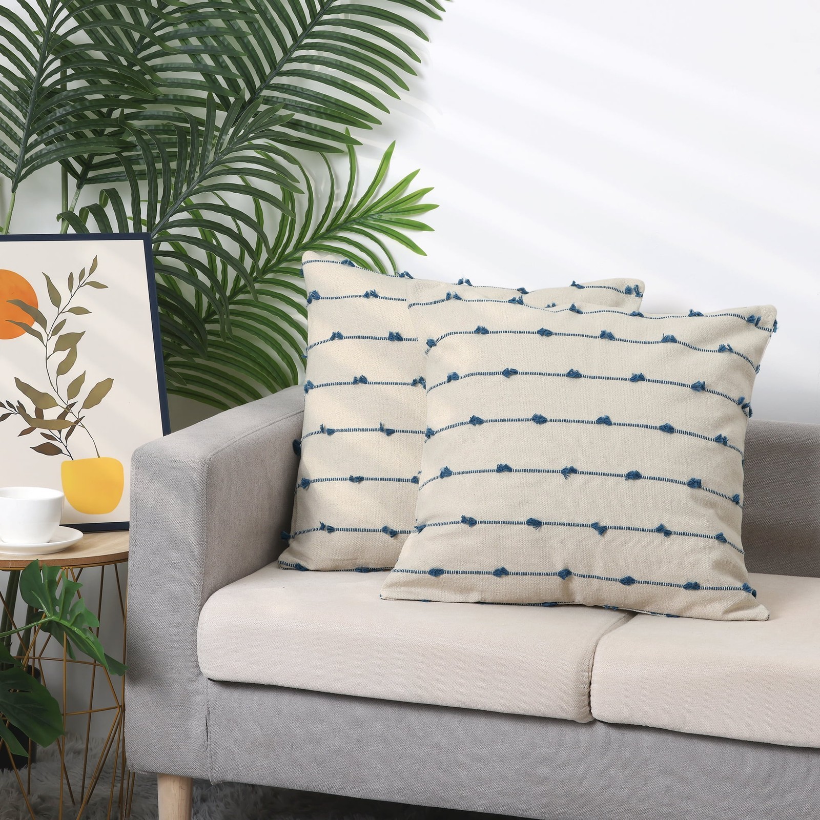 2 Pack Striped Boho Decorative Cushion Pillow Covers Modern Square Neutral Blue