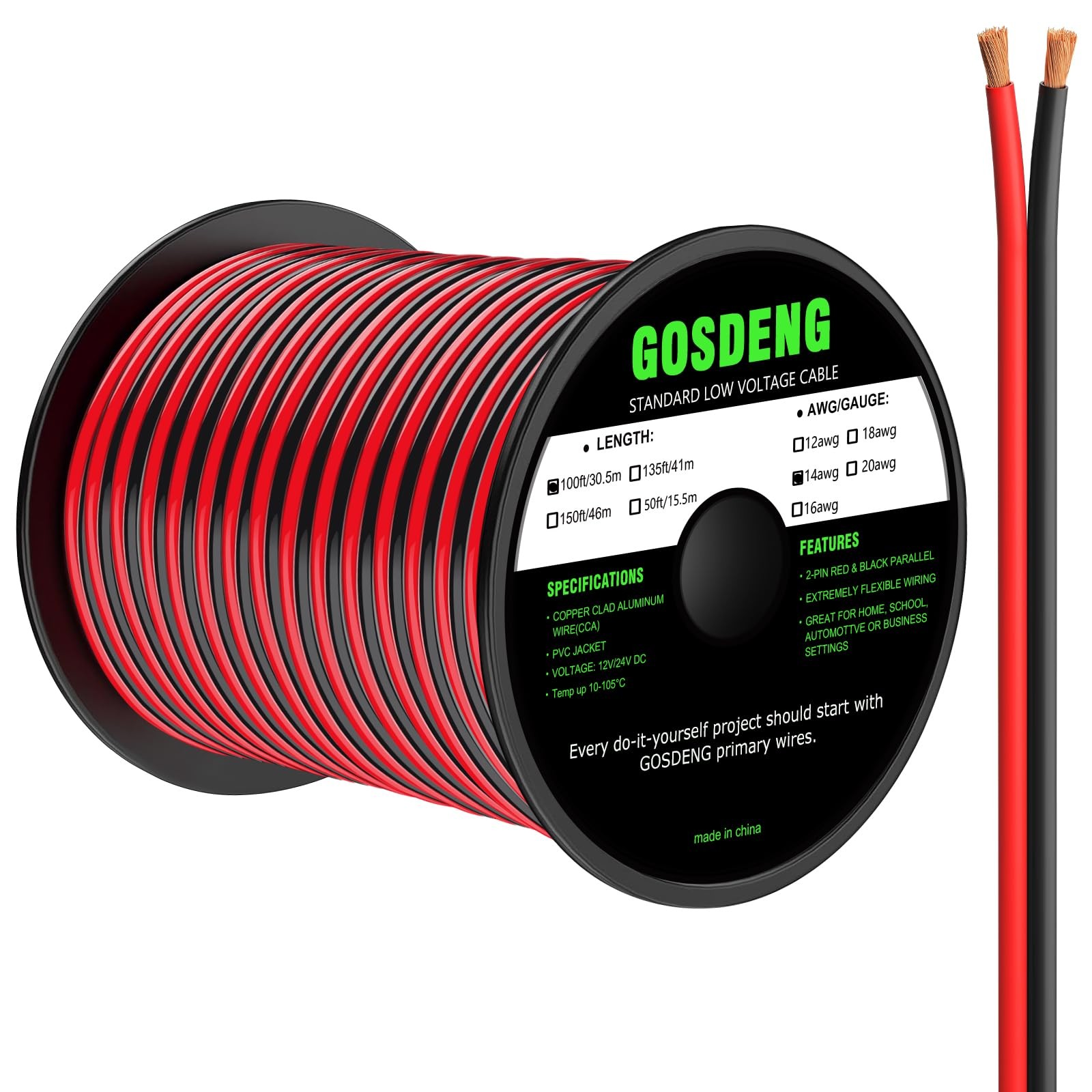 GOSDENG 14 Gauge Wire 100FT, 2 Conductors Electrical Red 14AWG-2C