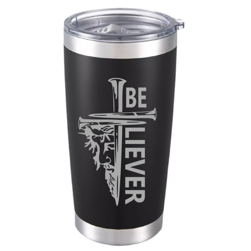 Gospel-Inspired Black Tumbler – 20oz Engraved Cross, Nail & Jesus Face Art Mug