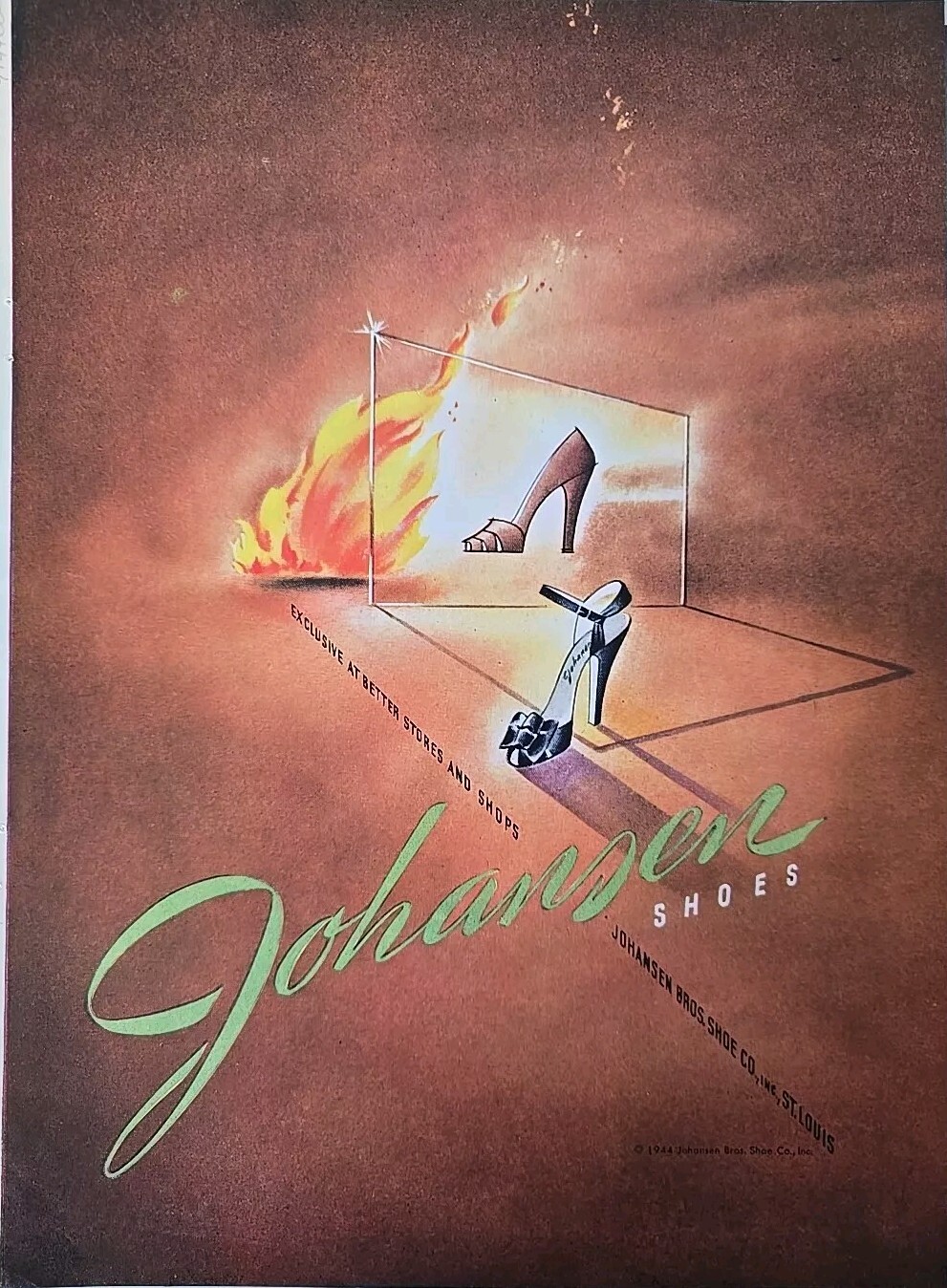 1944 Women's Johansen Bros shoes fire Flames Art vintage color fashion ad