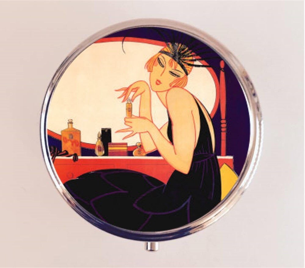 Flapper Perfume Bottle Pill Box Case Pillbox Holder Trinket Travel Art Deco Glam
