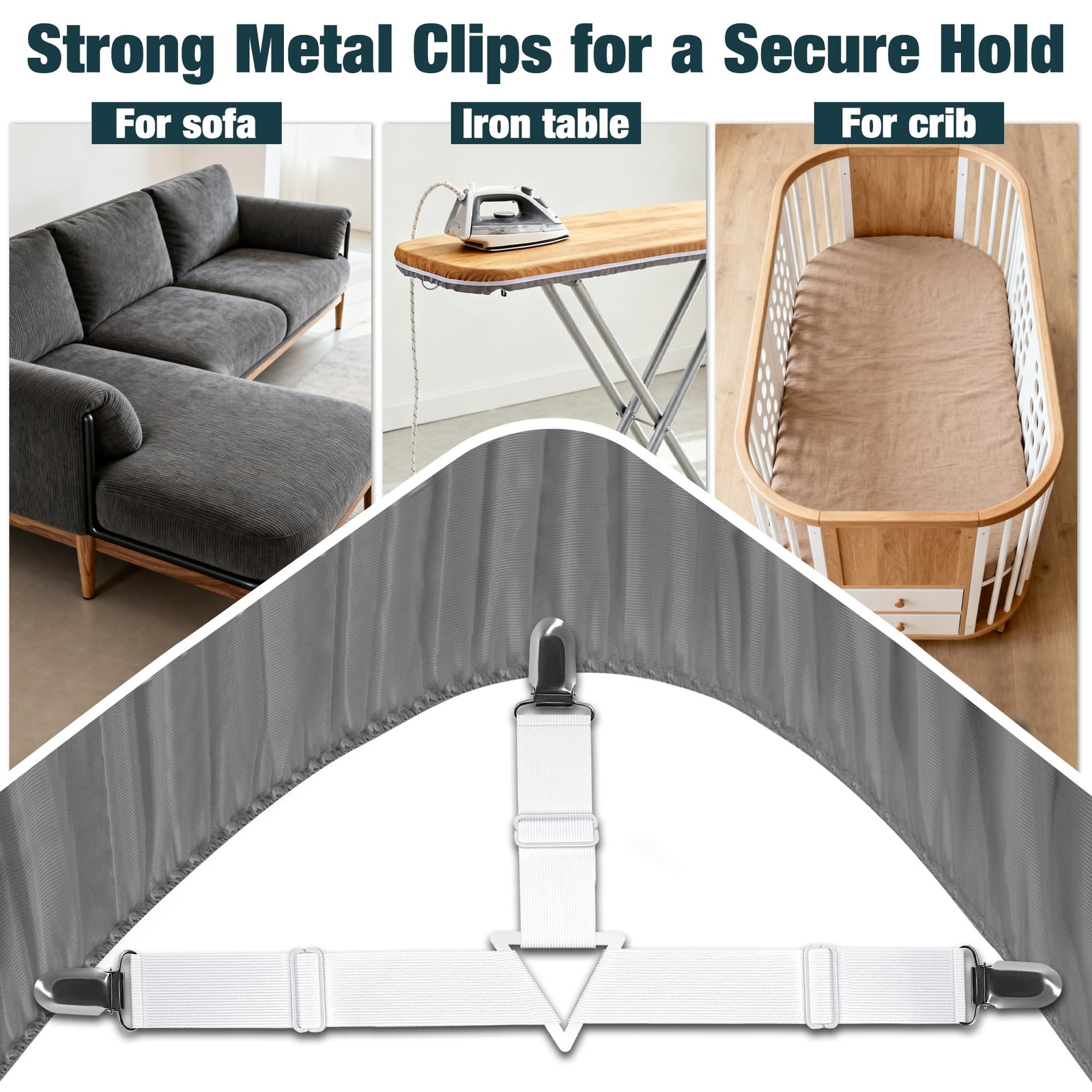 Whispering Wonder 4 Pack Adjustable Elastic Straps Metal Clips Bed Sheet