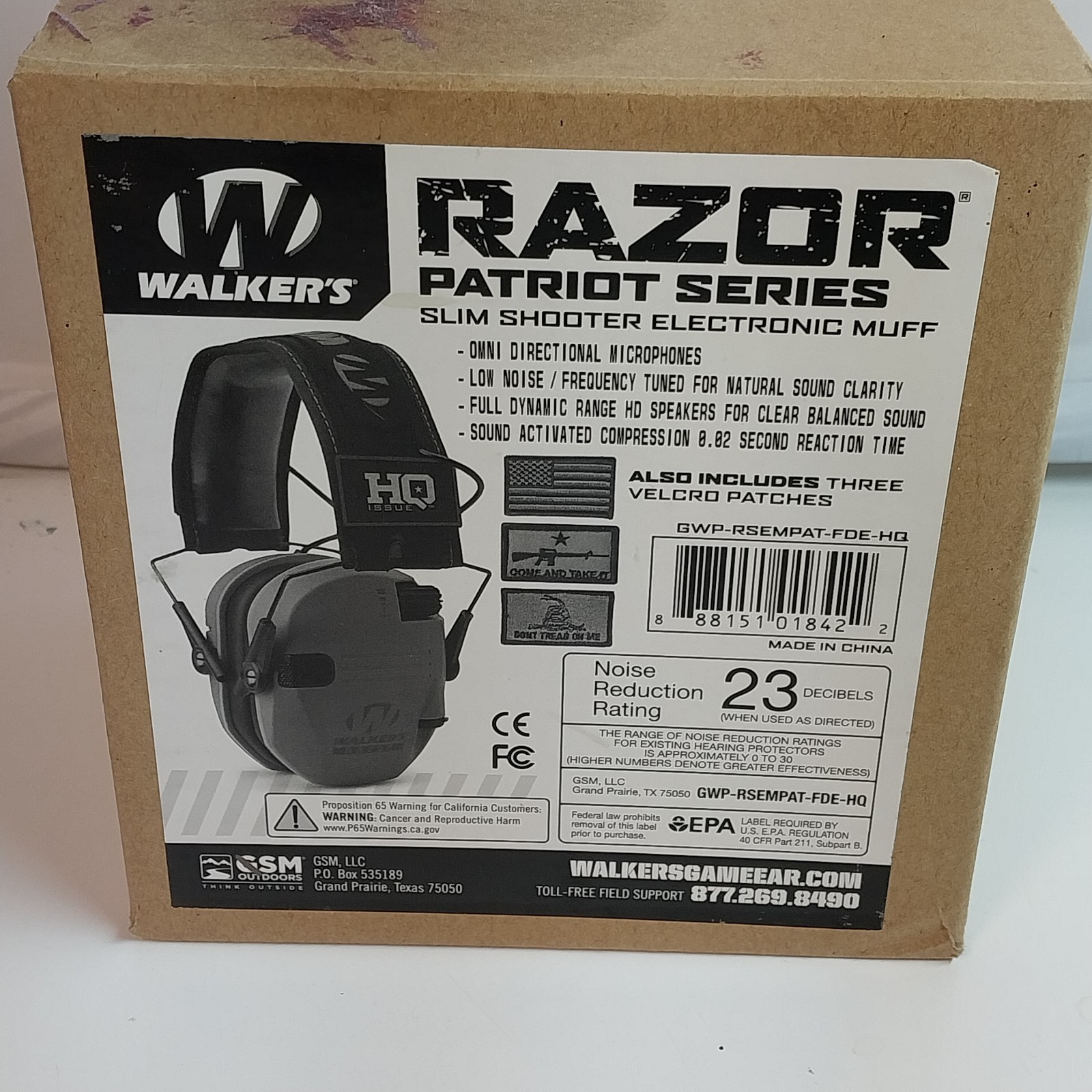 Walker’s Razor Patriot Electronic Ear Muffs Slim Shooter 23dB NRR NEW Box Wear