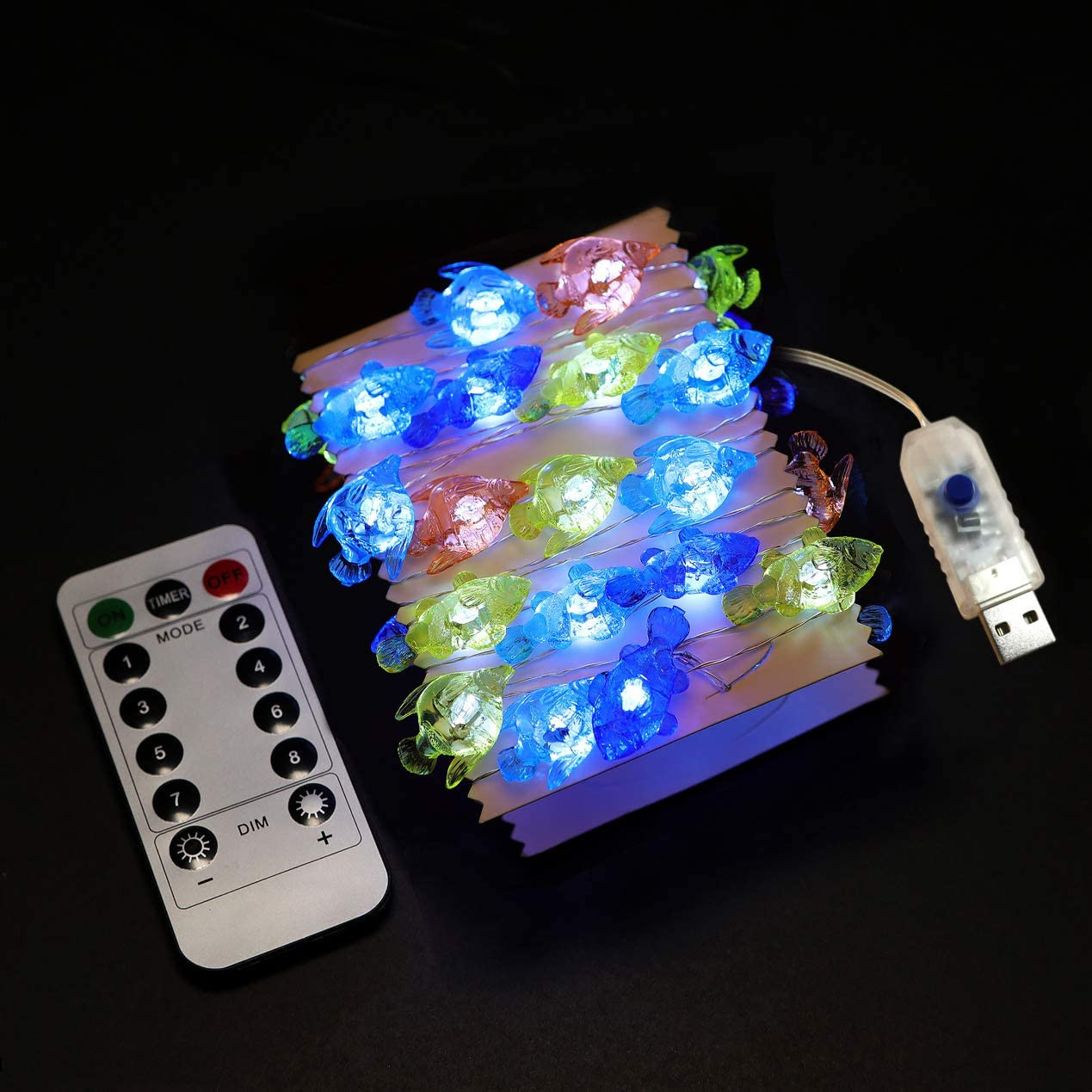 18.7Ft 40LED Tropical Fish String Light Cool White with Remote Control and Timer