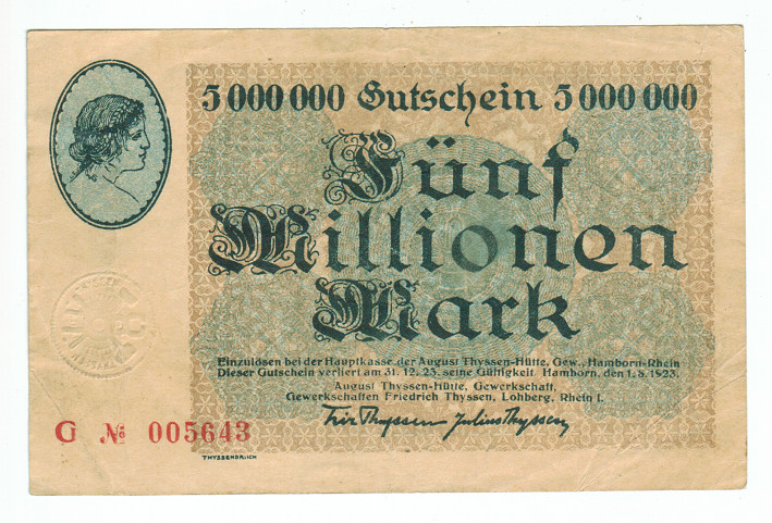 GERMANY BANKNOTE 5 MILLION MARK HAMBORN 1923