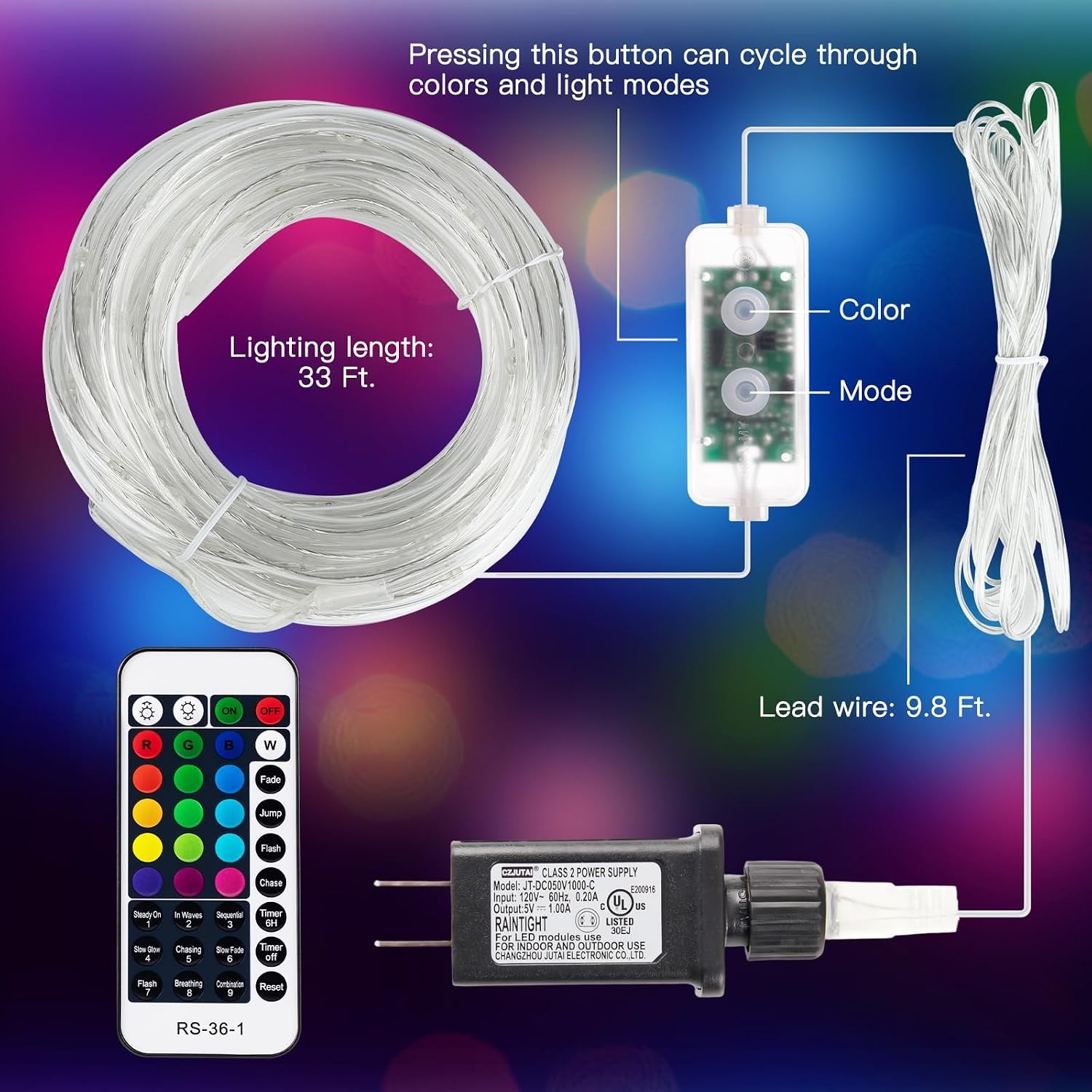 Color Changing Rope Lights Outdoor 33FT 100 LED String with Plug & Remote