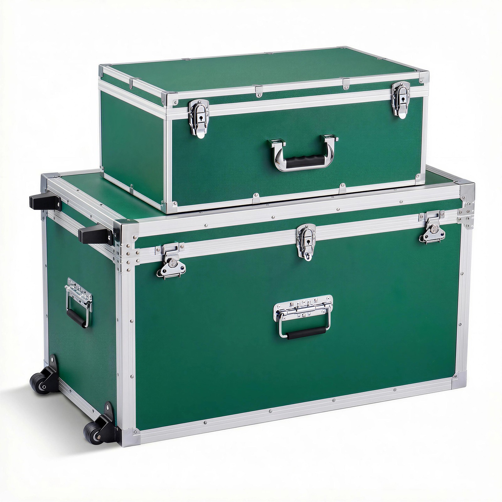 Uimoso Set of 2 Metal Storage Trunks with Wooden Design and Padlocks - Green
