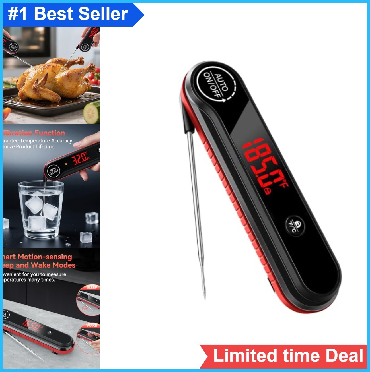 Instant Read Meat Thermometer 0.3s IP67 Waterproof Red Rotating Display BBQ