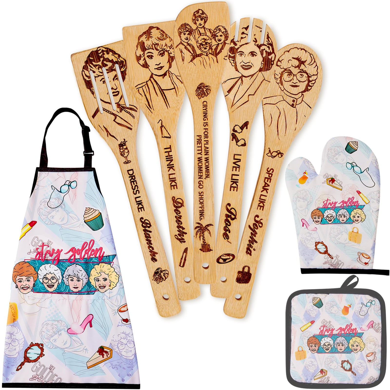 Golden Gifts for WomenKitchen Utensils SetGolden Wooden Cooking Spoons with A...