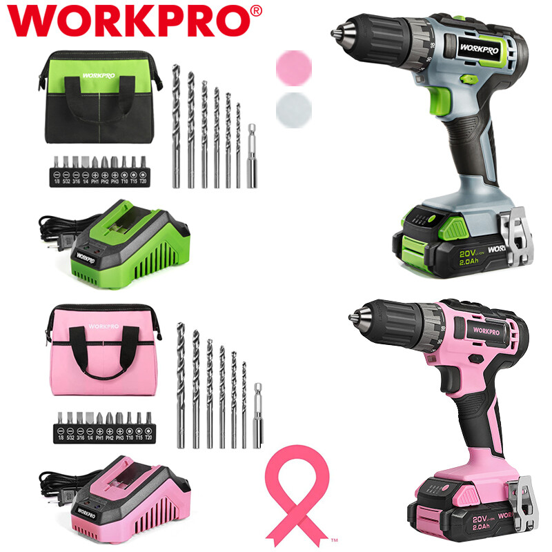 WORKPRO Pink/Green Cordless Drill Driver Sets 3/8" Keyless Chuck Battery Charger